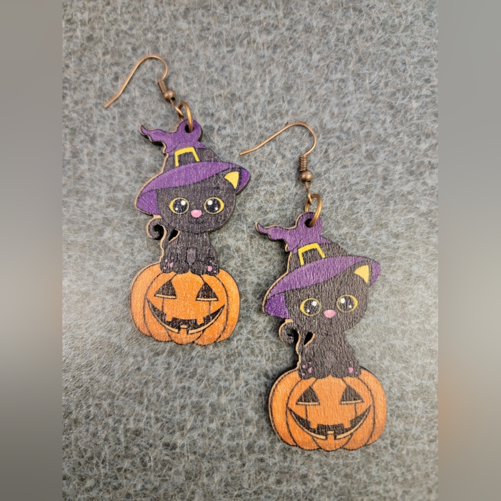 Wood Halloween Cat and Pumpkin Earrings